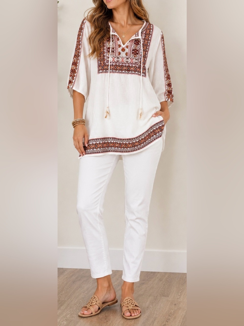 Tolani White Cotton Linen Multi Embroidered Boho Tunic Blouse - Size L
